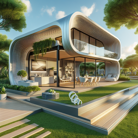 ALT text: "Luxurious 3D-printed house with curved lines, large windows, open-plan interior, modern furniture, and surrounded by lush greenery."