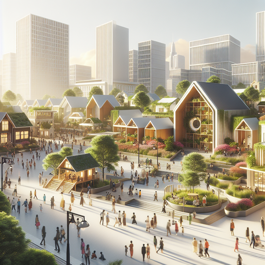 Modern cityscape blending traditional houses with eco-friendly 3D-printed homes. Vibrant greenery, people, children playing, sunny sky.