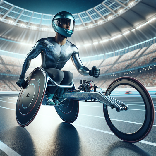 A Paralympics athlete zooms in a high-tech racing wheelchair on a modern track, set against a packed stadium, evoking speed and innovation.