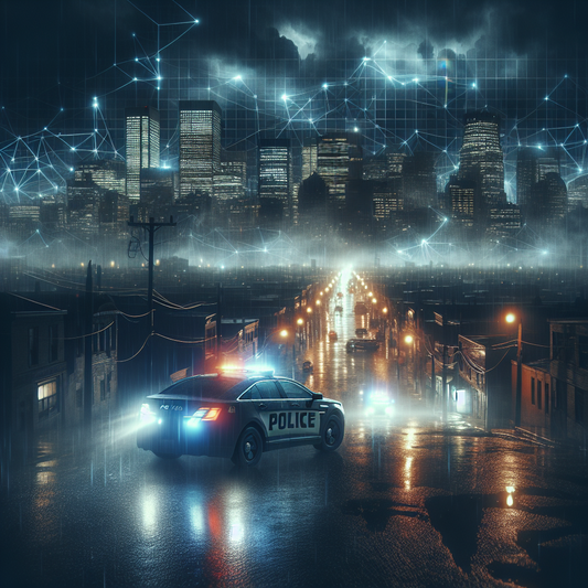 Dramatic Winnipeg night cityscape with police lights, dark clouds, shadowy figures, and futuristic holographic grid overlay.