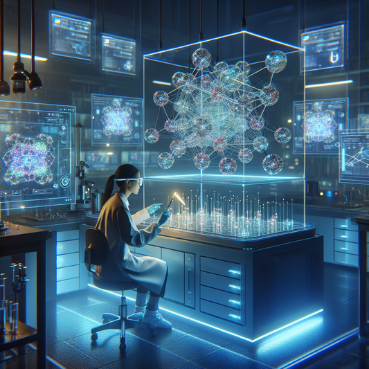 A futuristic lab with glowing nanowires, holograms, and a researcher in a lab coat, all bathed in a soft blue light.