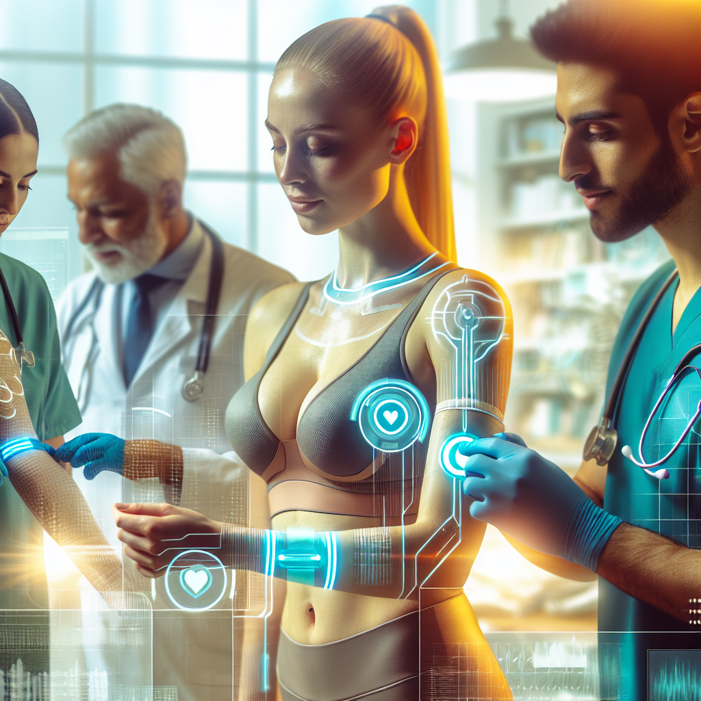 Futuristic medical scene with diverse people and advanced adhesive devices on arms, chests, and wrists in a bright, friendly setting.