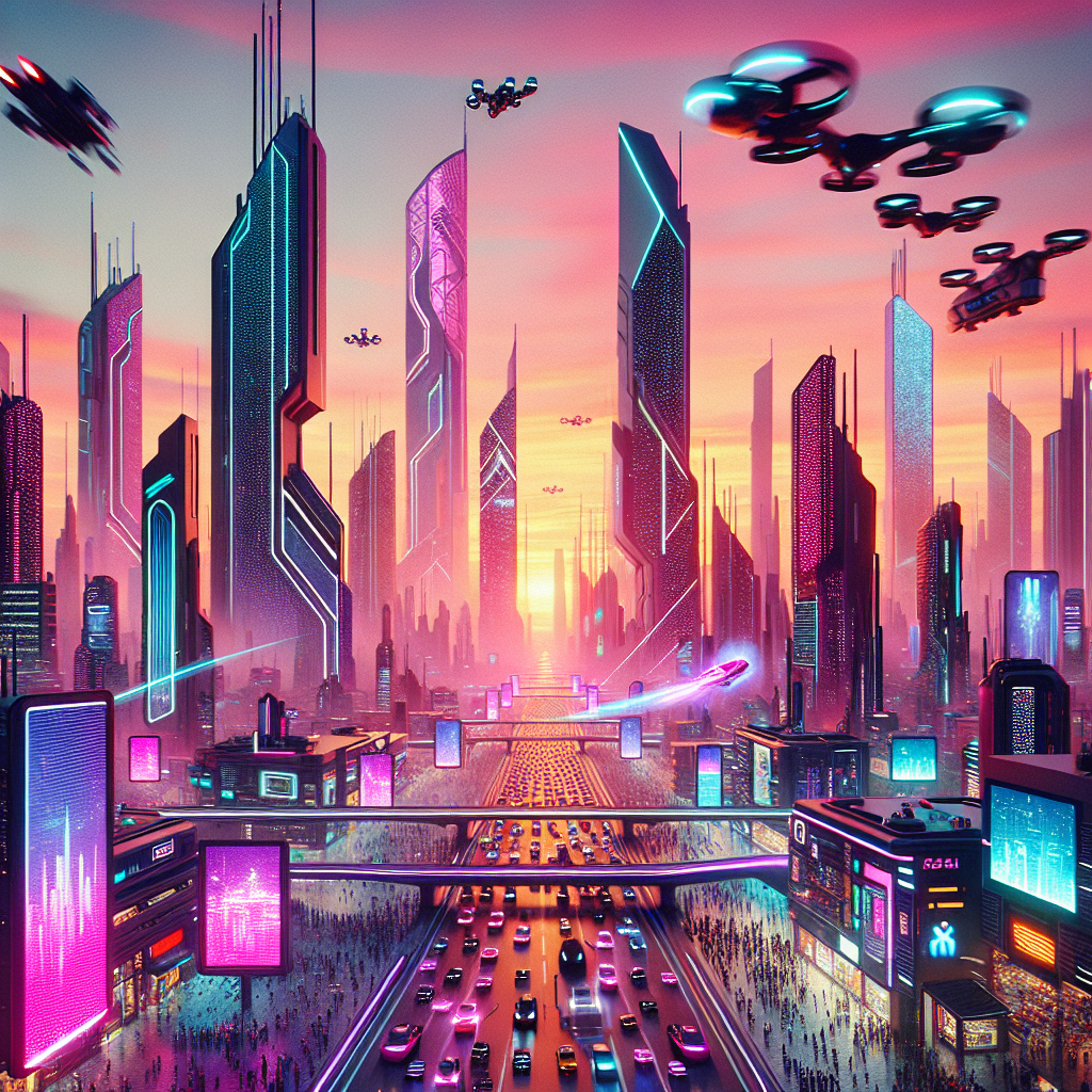 A vibrant, futuristic city at sunset with sleek skyscrapers, flying cars, bustling streets, neon signs, and holograms, reflecting high-tech urban life.