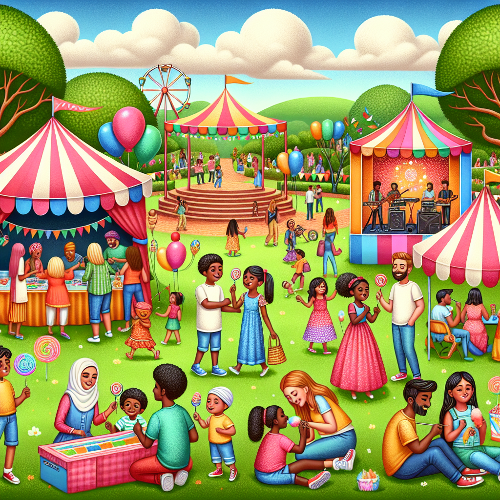 Lively park festival with diverse families playing games, face painting, eating cotton candy. Colorful tents, balloons, and live band on stage.