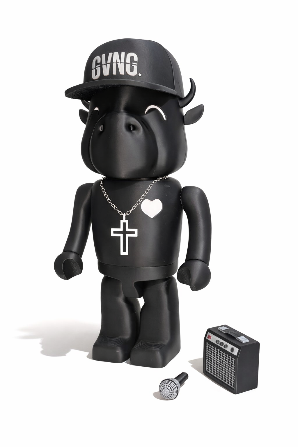 Black custom Buffalo figure wearing a GVNG cap and chain, displayed with a microphone and amplifier