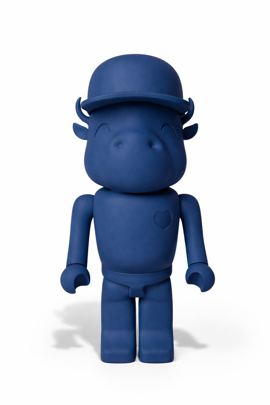 Deep blue buffalo sculptural figure with minimalist form and heart emblem, Signature Midnight Blue edition